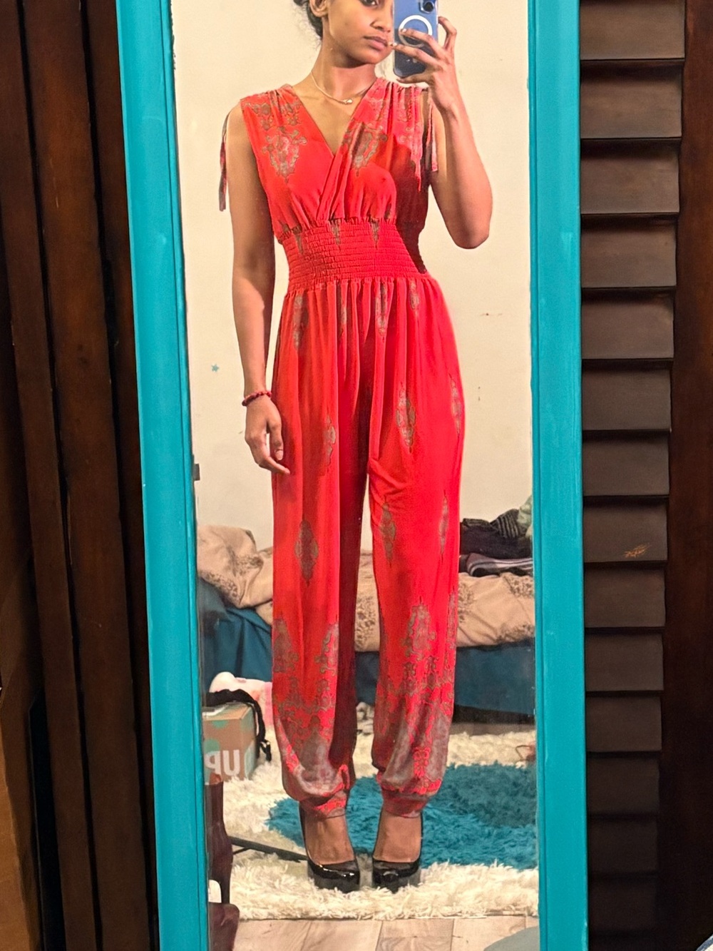Smocked Waist Red Sleeveless V-Neck Jumpsuit